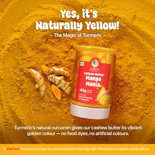 Image of Asmita Organic Farms Mango Mania Cashew Butter 250g | Sweetened with Monk Fruit | Naturally Yellow with Turmeric | High Protein Creamy Spread | No Palm Oil, No Preservatives | Perfect for Toast & Smoothies