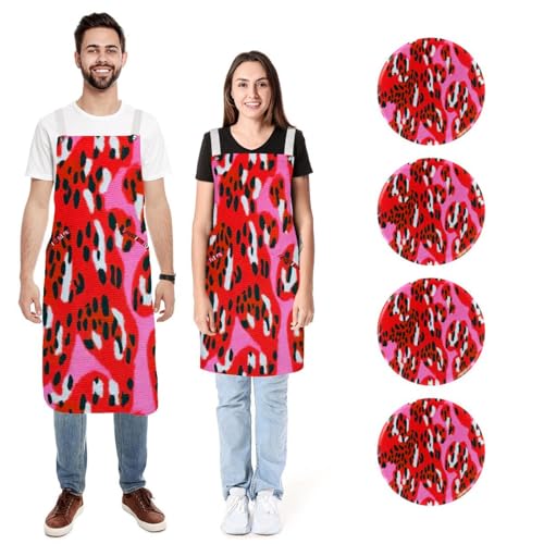 Tablier de cuisine léopard rose rouge finitions soignées lot de deux