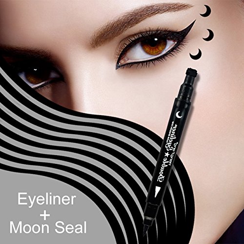 1PC Super Double-headed Black Liquid Eyeliner Pencil Pen Waterproof Star Heart Moon Flower Shape Seal Stamp Tattoo Eyes Liner Makeup (Moon Seal)