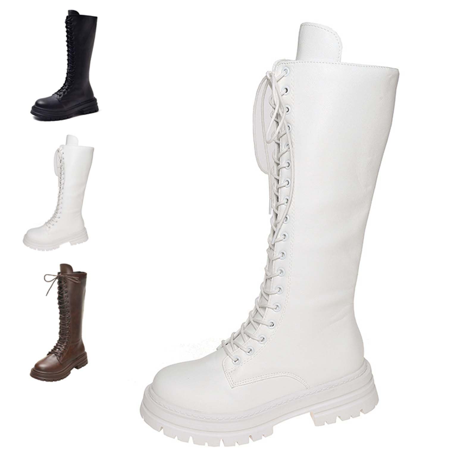 Knee High Boots for Women Wide Calf Gothic Combat Boots Platform Chunky Heel Mid Calf Motorcycle Boot with