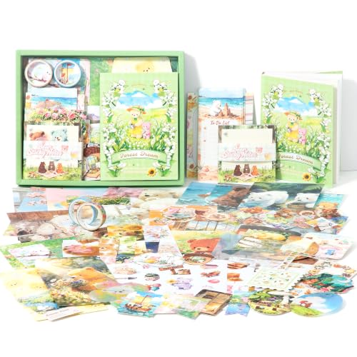 Image of The AutoStory Vintage Scrapbook Album Kit - A6 Junk Journal Notebook with Aesthetic Stickers, Collage Paper Pack & Washi Tape - DIY Journaling Supplies Gift for Teens & Girls (Forest Dream, Green)