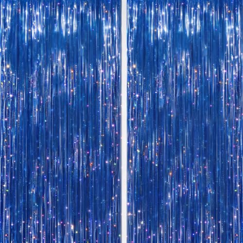 Image of DECOCKRAT 2 Pack Foil Fringe Backdrop - Laser Royal Blue Shiny Tinsel Curtains for Party Decoration /Photo Booth Props - 3.3x6.6 FT Metallic Foil Backdrop for Birthday, Wedding, Graduation, Christmas.