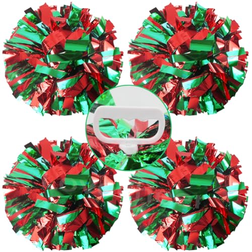 Lovecheer 4PCS Red and Green Pom Poms Cheerleading with Handle Metallic Cheer Pom Poms Team Spirits Sports Cheering Squad Dance Training