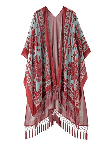MJ SERECA Lange Kimono-Strickjacke aus Burnout-Samt für Damen mit Quaste in Rostrot MJ SERECA Lange Kimono-Strickjacke aus Burnout-Samt für Damen mit Quaste in Rostrot