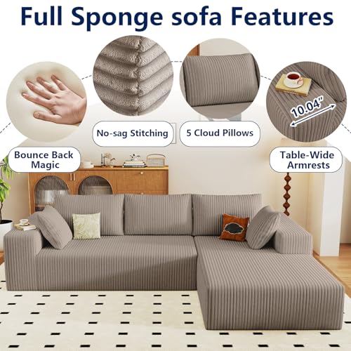Image of 96 inch Modular Sectional Sofa, Modern Corduroy Cloud Couch with Deep Seat, Boneless Couch Upholstered 3-Seater L-Shaped Sofa for Living Room, No Assembly Required (Camel, Right-Facing Chaise)