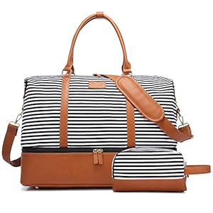 Sucipi Sac de Voyage Femme, Sac Weekend Polochon en Toile PU Cuir Grand Femme avec Poche à Chaussure et Trousse de Toilette (Rayures Noire)