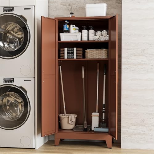 Image of Farmhouse Pantry Cabinet with Barn Doors, 71 inch H x 31.5 inch W, 5-Tier Metal Storage Cabinet with 4 Adjustable Shelves for Kitchen Garage Dining Room,Brown 1 Pack