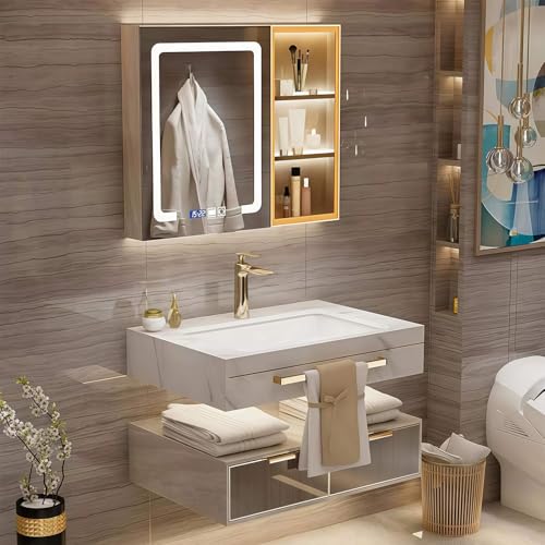 Modern Suspended Vanity with Sink, Wall-Mounted Bathroom Vanity with Quartz Countertop, No Assembly Required, Glass Included | LED Smart Demisting Mirror Cabinet, Sensor Light, Open Storage Shelves