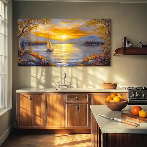crmotu Sunset Wall Art, Sailboat Wall Art, Lake Art Wall Decor, Mountain Landscape Large Art Prints, Golden Dusk Paintings Wall Decor Living Room Bedroom Dining Room Office Decorations 30x60inch