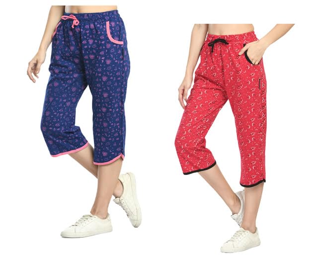 Womens Relaxed Fit Cotton 3/4th Capri Pants (Pack of 2) Magenta::Parple-picture-40