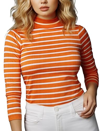 Zengjo Mock Turtleneck Women Striped(Orange & White XL)