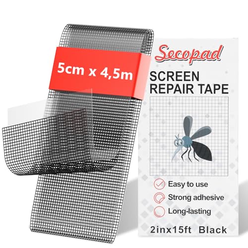 Secopad Fliegengitter Reparatur Klebeband (50 mm x 4,5 m), Fliegengitter Reparatur Set, Insektenschutzgitter &Fliegengitter Tür und Fenster Reparatur, Schwarz