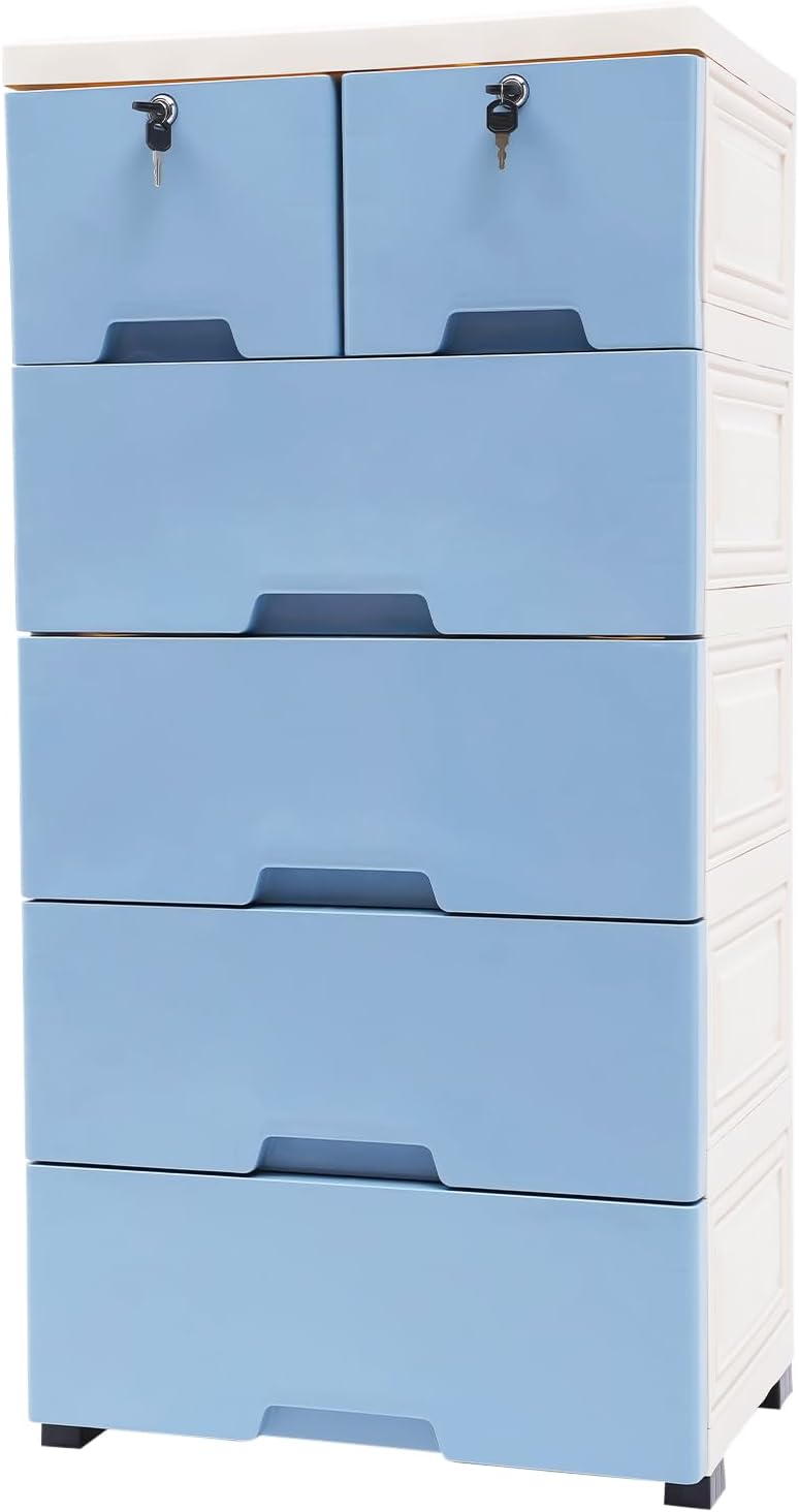 5 Tier Drawer Style Storage Cabinet, Movable Plastic Wardrobe with 6 Drawers and Wheels, Easy to Clean, Game Room and Bedroom Furniture