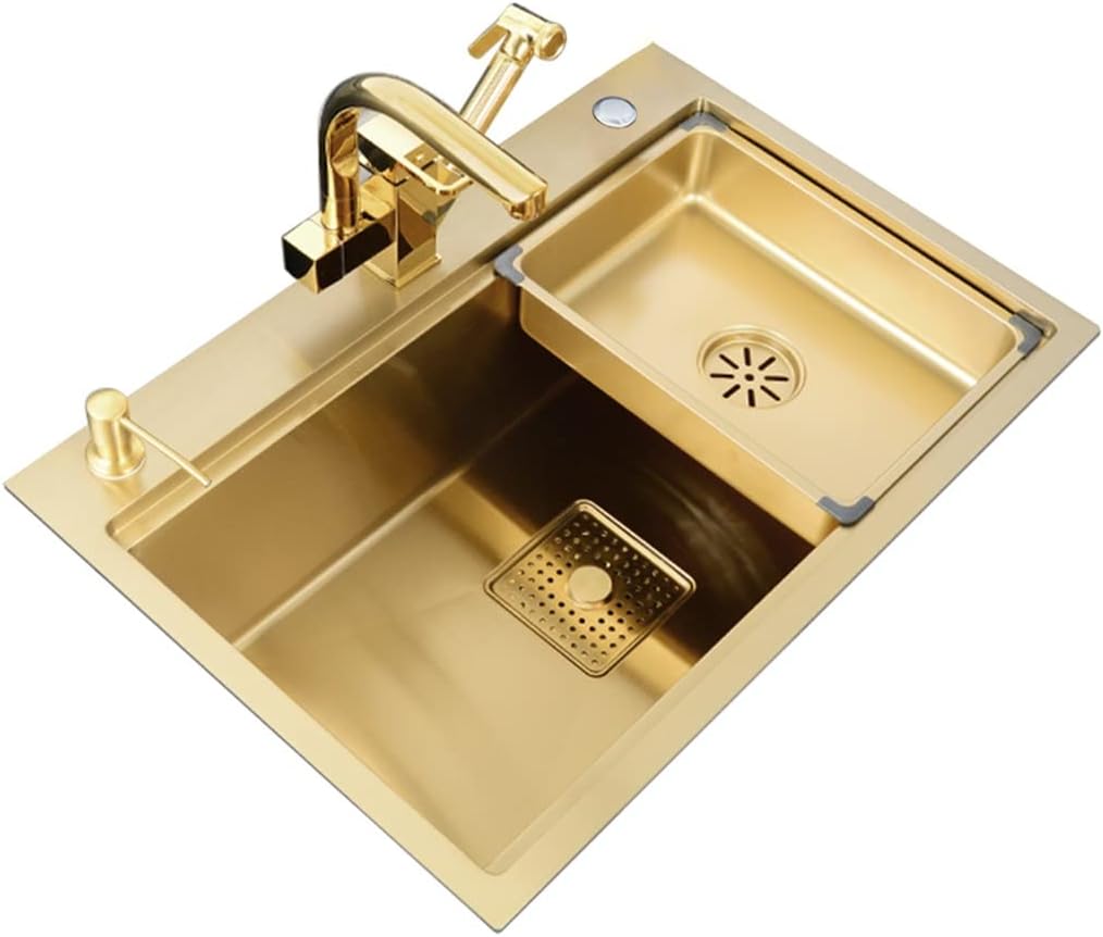 Single Bowl Bar Prep Kitchen Sink Gold Stainless Steel Drop-in Or Rv with Cutting Board-Gold-80x46x22cm