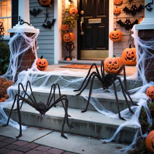 Supoice Halloween Decorations Big Spider 5Ft* 2 Pcs with 800 sqft Spider Webs Black Soft Hairy Scary Spider for Halloween Outdoor Yard Party Decorations