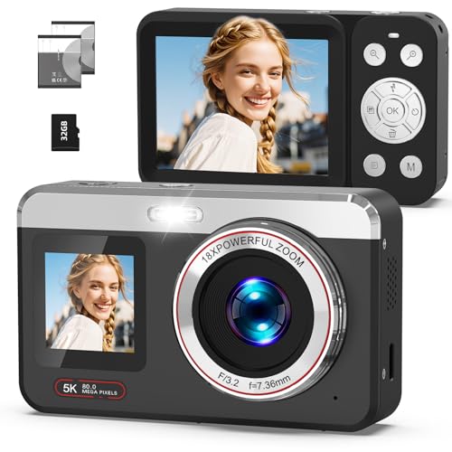 Hoorola 5K Digital Camera, 80MP Dual Screen Autofocus Vlogging Camera, 18X Zoom Point and Shoot Camera for Photography, Flash, 32GB Card, 2 Batteries, Compact Camera for Teens Adults (Black)