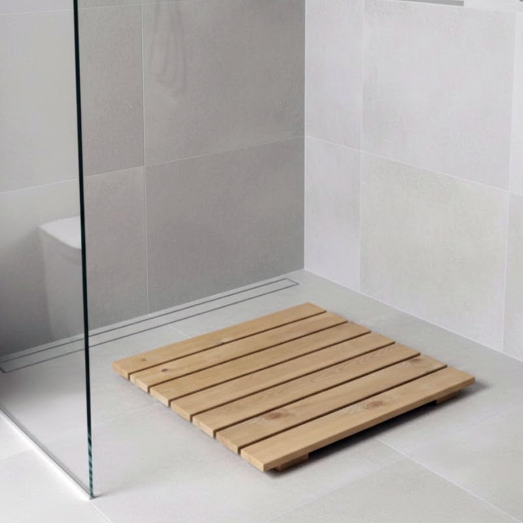 SUNWOOD Tapis de douche antidérapant 60 x 60 cm, en bois massif de pin, finition chêne clair