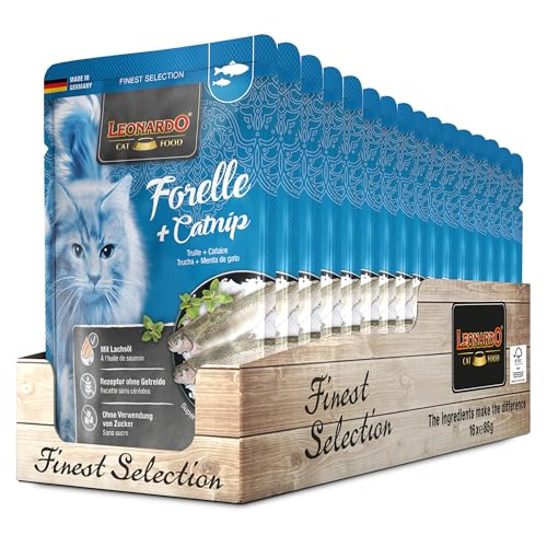 LEONARDO Frischebeutel [16x85g Forelle + Catnip] | Getreidefreies Nassfutter für Katzen | Feuchtfutter Alleinfutter im Einzelportionsbeutel