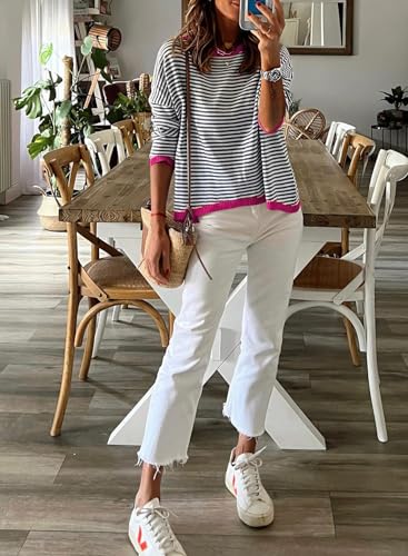 Image of Womens Striped Lightweight Cotton Sweaters Long Sleeve Crew Neck Color Block Casual Knitted Pullover Tops