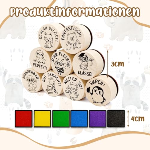 9 Stück Holz Stempel Lehrer, Tiere Motivstempel Set, für Lehrer Motivationsstempel Schule Schulkind Belohnung, Lehrer Geschenk Lehrerstempel