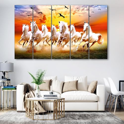 Image of KYARA ARTS seven vastu running horse wall painting (30 inch x 48 inch wooden multiple framed)