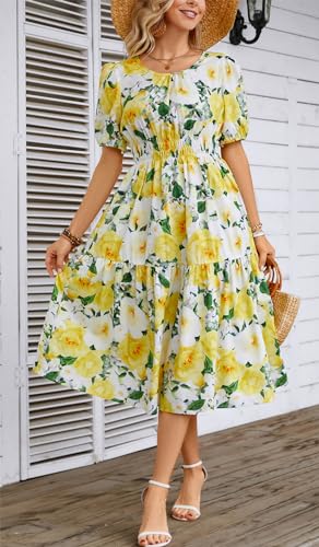 Image of Kormei Women Summer Casual Boho Floral Round Neck Short Sleeve Smocked Waist Tiered Flowy Swing Midi Dress