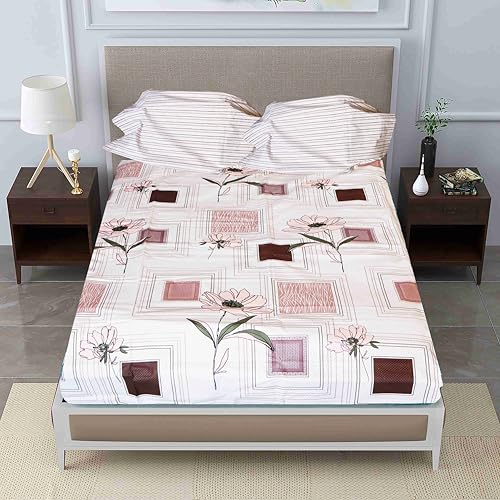 Image of Pure Source India Pure Cotton Elegance Bedding Set, Dreamy Cotton Comfort Double Bed Sheet with Pillow Covers (Baby Pink Square Flora)