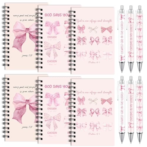 Wxiben Pink Bow Spiral Notebooks Set 12 Pieces Coquete Bow Journal with Inspirational Bible Ballpoint Pens Christian Scripture Prayer Hardcover Notebook Gifts for Women Office School Church Supplies