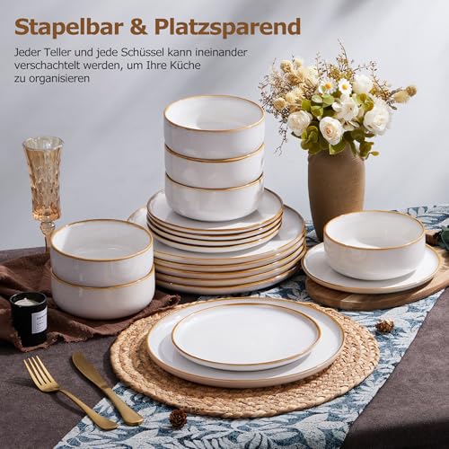 Geschirr Set für 6 Personen, Onader 18 Teiliges Steinzeug Tafelservice Kombiservice, je 6 Speiseteller, Dessertteller, Müslischalen, Spülmaschinenfest – Perle Beige