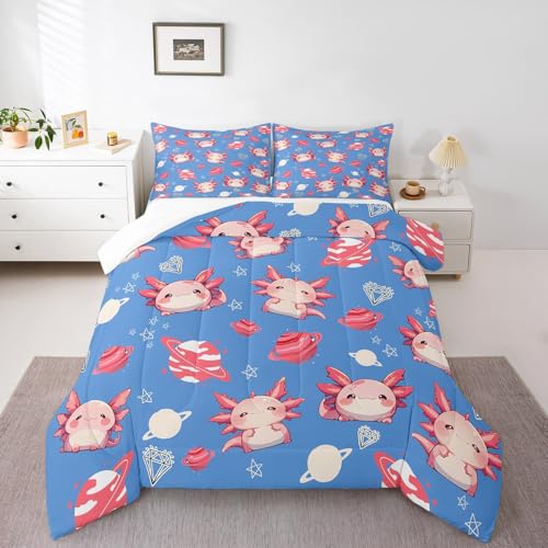 Bonito juego de edredón de ajolote, tamaño individual, juego de edredón rosa con animales marinos y estrellas, planeta galaxia, juego de ropa de cama de 2 piezas para niños, niñas, adolescentes,