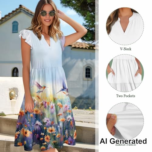 Image of Women's Casual Ruffle Sleeve Dress V Neck Pullover Dress Flowy A-Line Pleated Lightweight Dress with Pockets