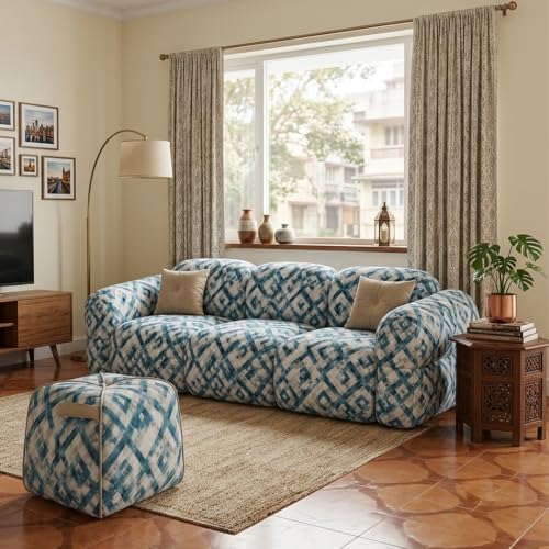 Image of FURNY Luxury Nimbus 4 Seater + Suri Pouf Sofa Set for Living Room | Tapestry Mosaic Fabric Upholstered | Modern Cushioned Comfortable Couch for Home Office & Drawing Room | Lagoon Blue