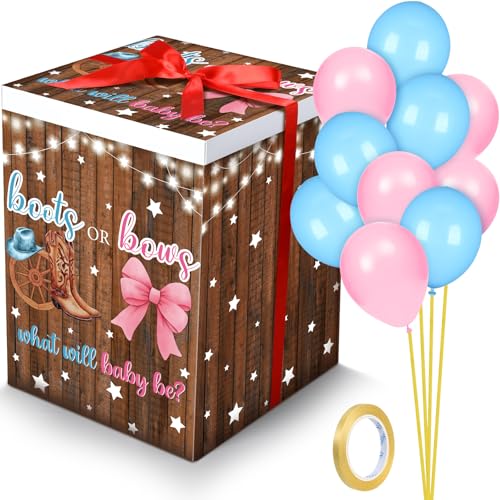 Hungdao Gender Reveal Balloon Box with Ribbon and 10 Pink and Blue Balloons Gender Reveal Games He or She Open to See for Party Decoration 12