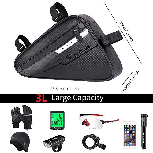 Bike Frame Bag, Waterproof Front Tube Triangle Pack Mountain Road Bicycle Storage Pouch, Bike Handlebar Bag with Reflective Strip for Cell Phone, Wallet, Repair Tool, Cycling Accessories (Black, 3L)