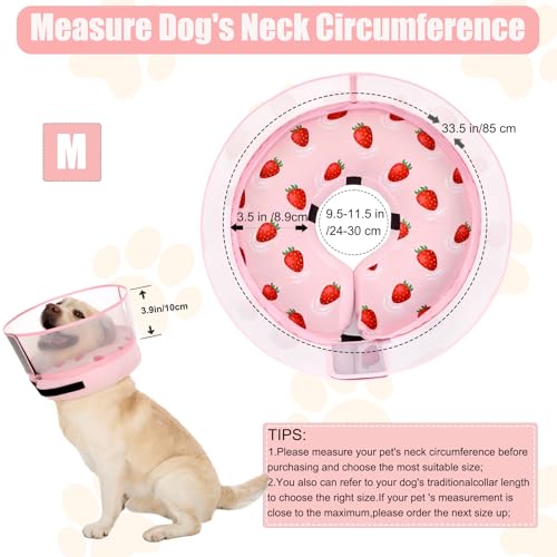 Image of Inflatable Dog Cone Collar for Large Medium Small Dogs, Soft Dog Donut Collar Adjustable Recovery Cone for Pets After Surgery, Extra Enhanced Anti-Licking Guard Shield (Strawberry Print, Medium)