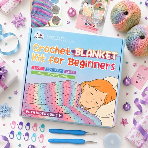 Image of Aeelike Blanket Crochet Kit for Beginners, Super Easy Crochet Blanket Kit with Soft & Colorful Gradient Yarns Detailed Video Tutorials Accessories, Ideal Gift for Crocheter & Rainbow Gradient