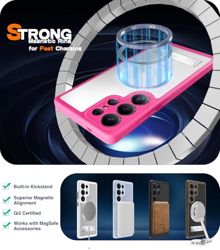 Maledan Camera Protection for Samsung Galaxy S25 Ultra Case Built-in Phone Stand, Magnetic Shockproof Slim Case for Galaxy S25 Ultra 6.9", Kickstand S25 Case Fit for Magsafe, Translucent Back/Hot Pink — view 5