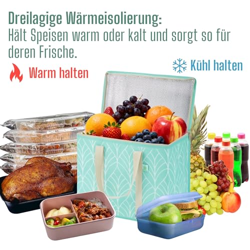 VENO 2 Stück Einkaufstasche Wiederverwendbare Faltbar Kühltasche Einkaufskorb, Groß Picknickkorb Robuste Isoliertasche Lunchtasche, Aufrecht Stehend Thermotasche (Immergrün, 2er-Pack)