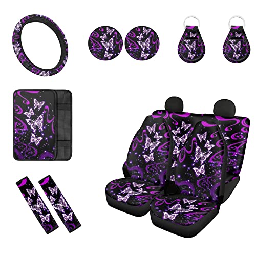 Biyejit Galaxy Purple Butterfly Car Interior Accessories Seat Cover Set For Women Men, Front Rear Backseat Seat Cover/Steering Wheel Cover/Seat Belt Cover/Coasters/Keychains/Car Console Armrest Cover #TOP27