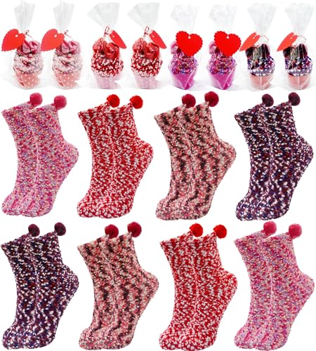 YFXQYFSH Valentines Day Cupcake Socks 8/12/24 Pairs Fuzzy Fluffy Slipper Socks DIY Valentine Gift (8 4 Color)