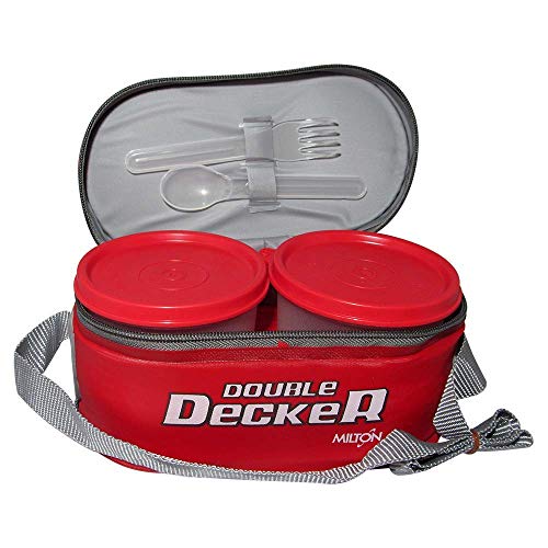 Image of MILTON Double Decker Plastic Lunch Box with Insulated Jacket, 3 Containers (450 ml, 280 ml, 280 ml), Microwavable & Leak-Proof Tiffin for Office, School, College, Red