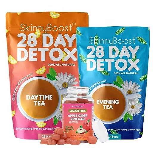 SkinnyBoost - Detox Tea Power Kit-1 - Daytime Tea (28 Bags) 1 Evening Detox Tea (14 Bags) & 1 Sugar Free Apple Cider Vinegar Vegan Gummies (60 Gummies) Detox and Cleanse