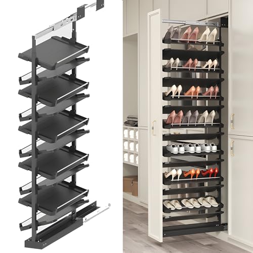 4-15 Tier Cabinet Pull Out Shoe Rack Adjustable Vertical Shoe Organizer for Closet and Wardrobe Cabinet Heavy Duty Slide Out Shoe Storage System Under Stairs Storage Fits Depth 17.7-34.3
