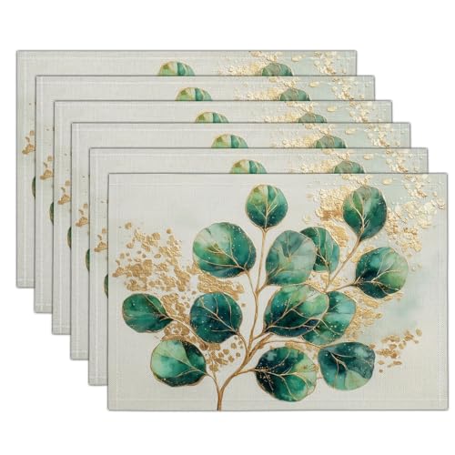 Salvamanteles Individuales Juego de 8, Lavables Manteles Individuales Hojas De Papel De Oro Mantel Individual Hojas De Eucalipto Resistentes al Calor Antideslizante 30x45cm, Esmeralda