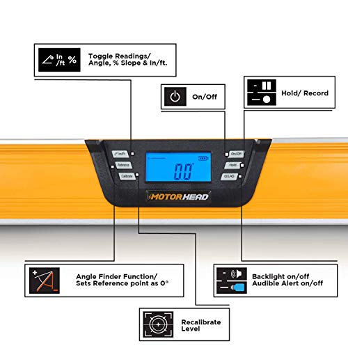 Image of MOTORHEAD 48-Inch 0-360 SMART DIGITAL Level, LCD Screen, Audible Alerts, Water, Dust & Shock Resistant, Magnetic Bottom, Includes Bag, High-Visibility, Solid-Milled Aluminum, USA-Based Support | Audible Alerts, Water Dust & Shock Resistant, High-Visibility, Solid-Milled Aluminum, Carrying Bag, Carpentry Masonry Framing