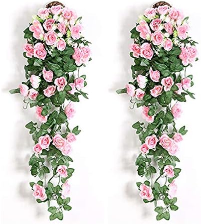 Orumrud 2 Pack Artificial Hanging Plants Vines Rose Flowers Plastic Fake Greenery Drooping Plants Indoor Outdoor Wall Home Garden Wedding Garland Decoration Red