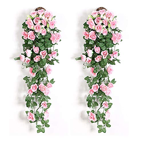 Orumrud 2 Packs Artificial Rose Flowers Hanging Vines Plants Plastic Fake Rose Vine Greenery Drooping Plant for Wall Indoor Outside Garden Wedding Hanging Decoration (Color : Pink, Size : 2 Packs)