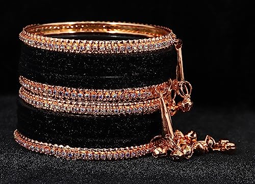 Image of NMII Metal with Zircon Gemstone and Velvet Studded Bells Latkan Bangles Set For Girls and Women I Latkan Bangles, Premium Bangle Bracelet Set I Pack of 16 Bangles
