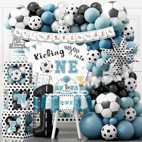 Soccer 1st Birthday Party Decorations, Soocer First Party Supplies for Boys, Soccer-Themed Balloon Garland Arch Monthly Photo Banner Backdrop Tablecloth Crown for 1st Birthday Boy