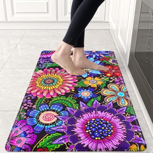 Likiyol Kitchen Rugs Boho Floral Anti Fatigue Kitchen Mat for Floor Bohemian Flowers Non Slip Washable Kitchen Floor Mats, Comfort Standing Mat for Sink, Office, Laundry, 18''x30'', 0.47' Th, Purple